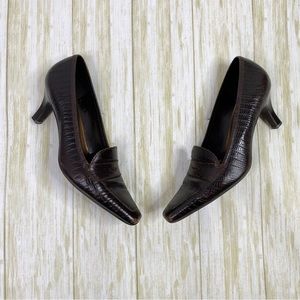 Etienne Aigner Labelle Godiva Lizard Brown Leather Kitten Heels